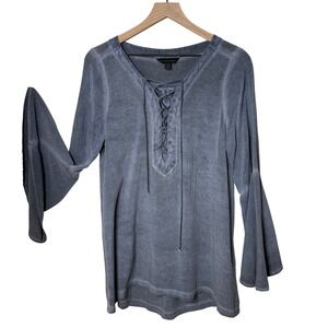 Rock & Republic Lace Up Bell Sleeve Top‎ Gray Blouse Western Flutter Fall Boho
